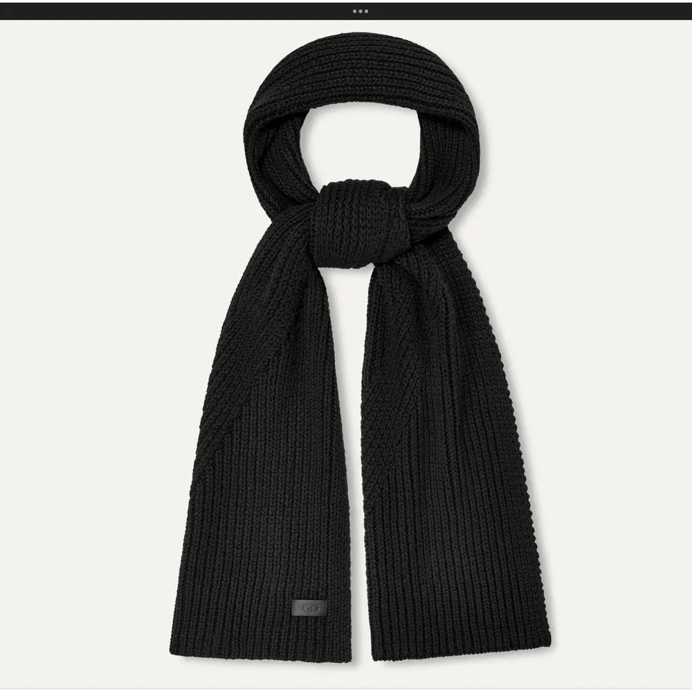 UGG Men's Black Diagonal Ribbed Knit Scarf Wool Blend Warm Winter Accessory
